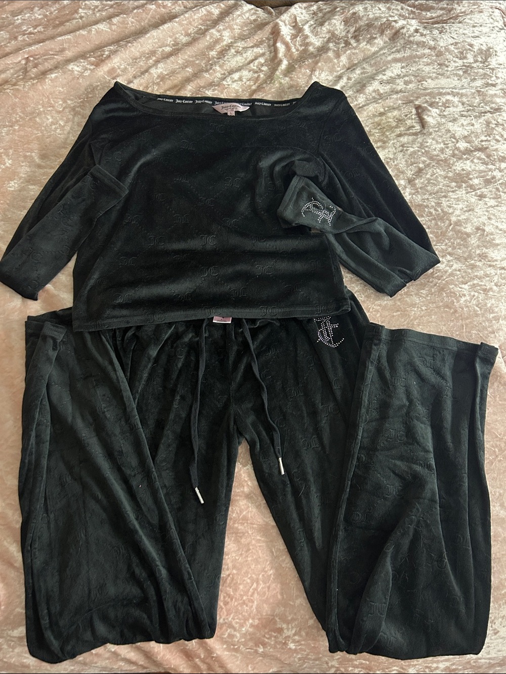 Juicy Couture Black Velour Two-Piece Lounge Set with Rhinestone Logo